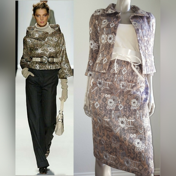 *$4,300 OSCAR DE LA RENTA STUNNING SILVER METALLIC RUNWAY SKIRT SUIT 0 4 S - Picture 1 of 15